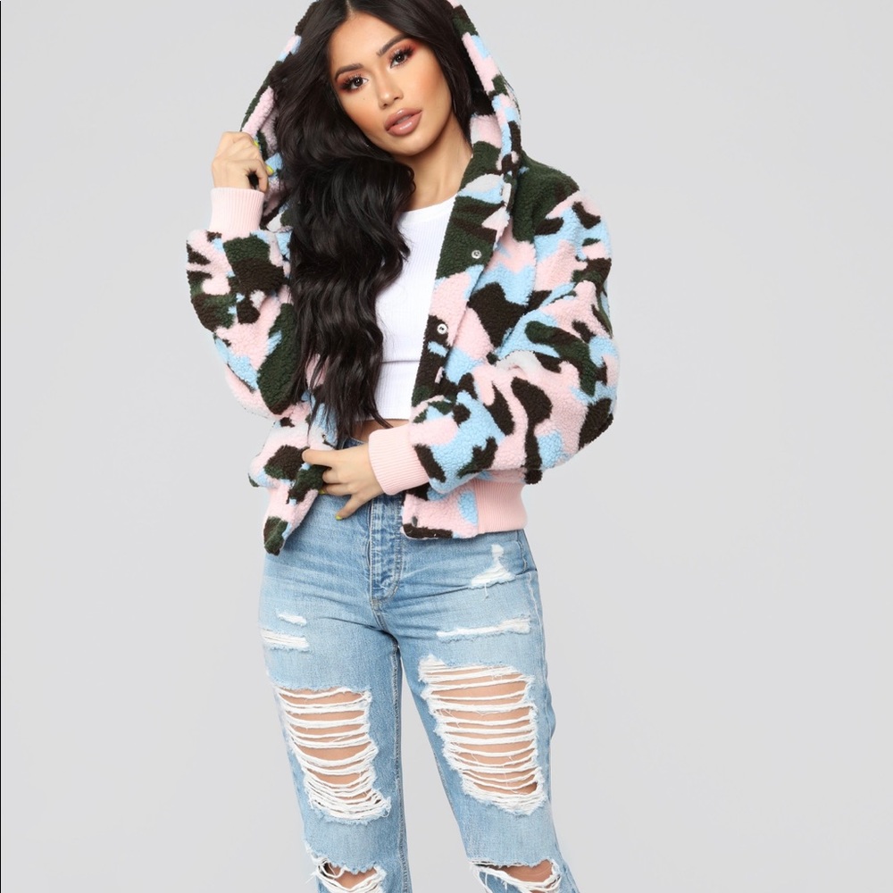 Fashion Nova Camo Plush Jacket.
